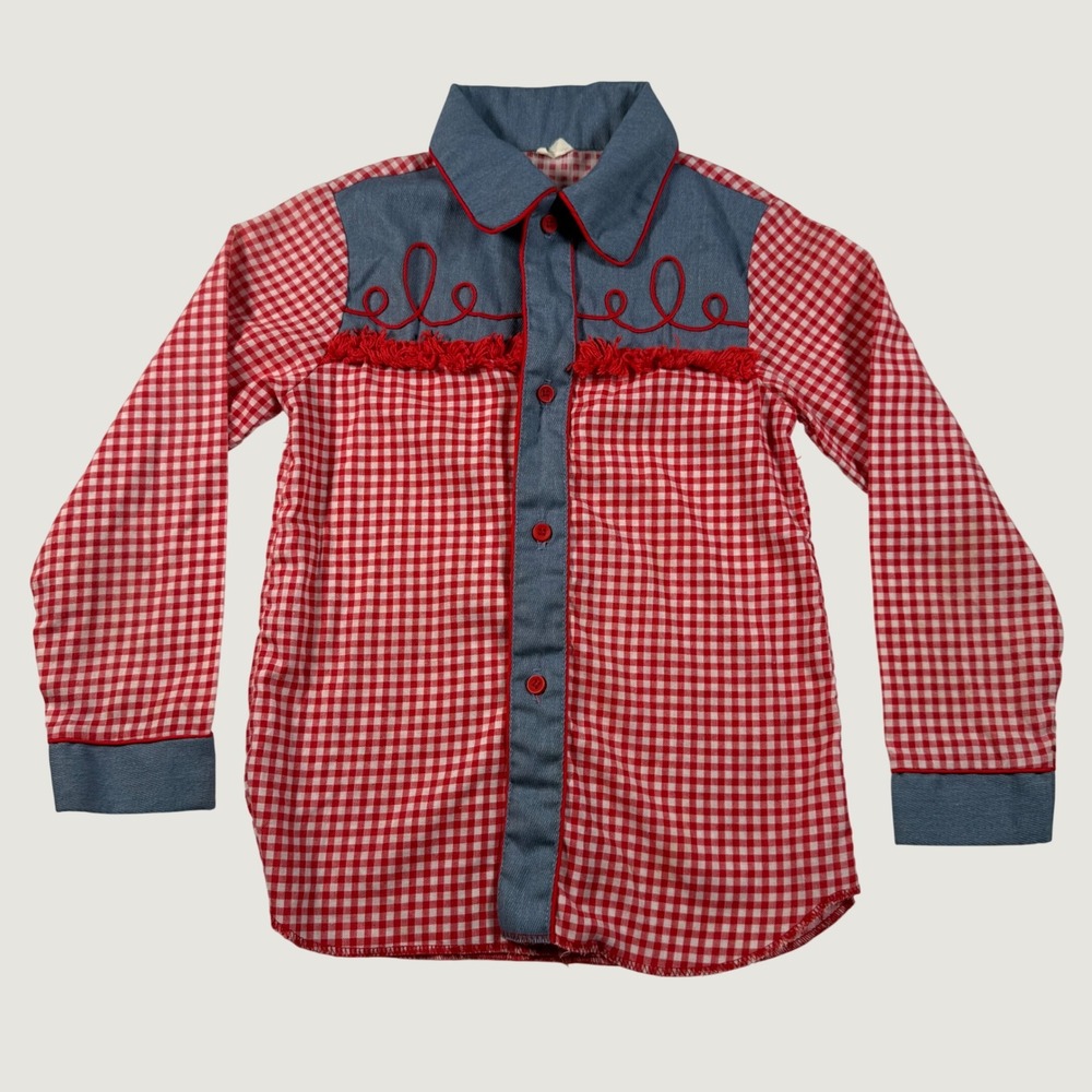 Vintage Boys Western Gingham Button Up Shirt Red White Blue Fringe Size 6X